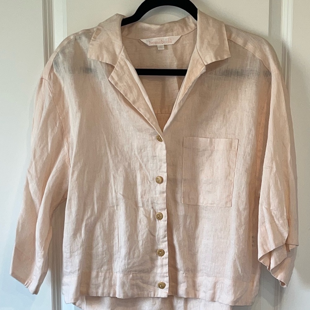 Homebodii Beach Bohemian Cottage Core Washed Linen Boxy Top Button Front - Picture 3 of 5
